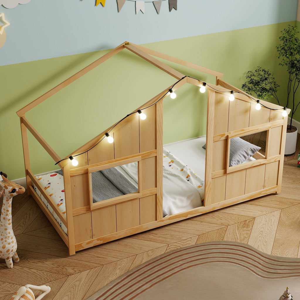 Twin Size House Bed with LED Lights Montessori Slat-free Floor Bed-Natural