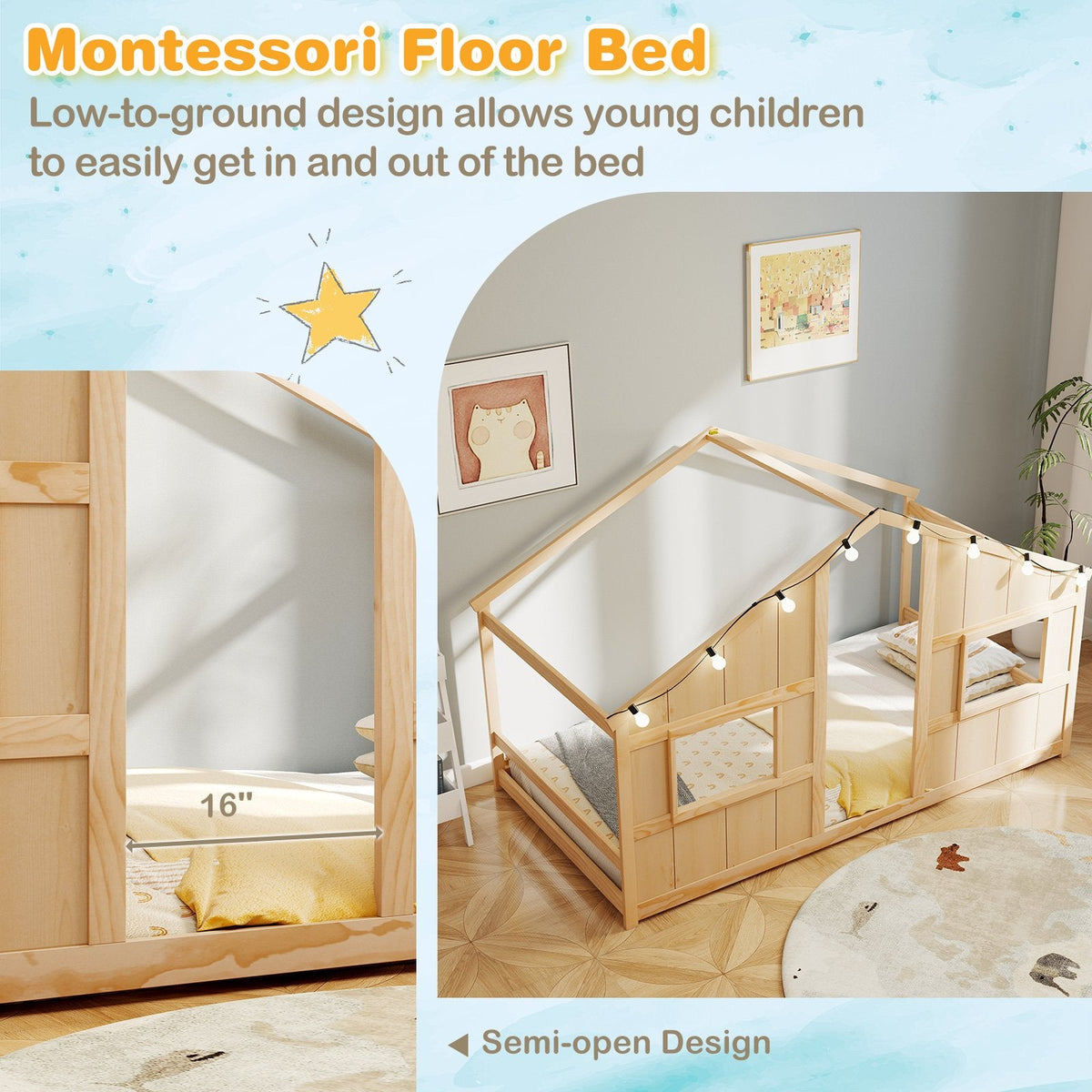 Twin Size House Bed with LED Lights Montessori Slat-free Floor Bed-Natural