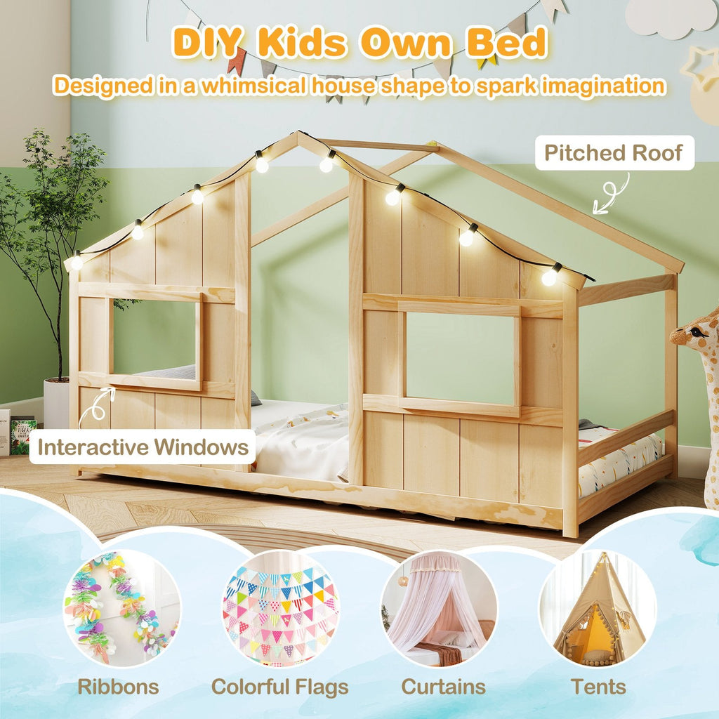 Twin Size House Bed with LED Lights Montessori Slat-free Floor Bed-Natural
