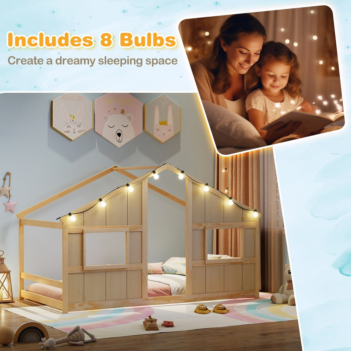 Twin Size House Bed with LED Lights Montessori Slat-free Floor Bed-Natural