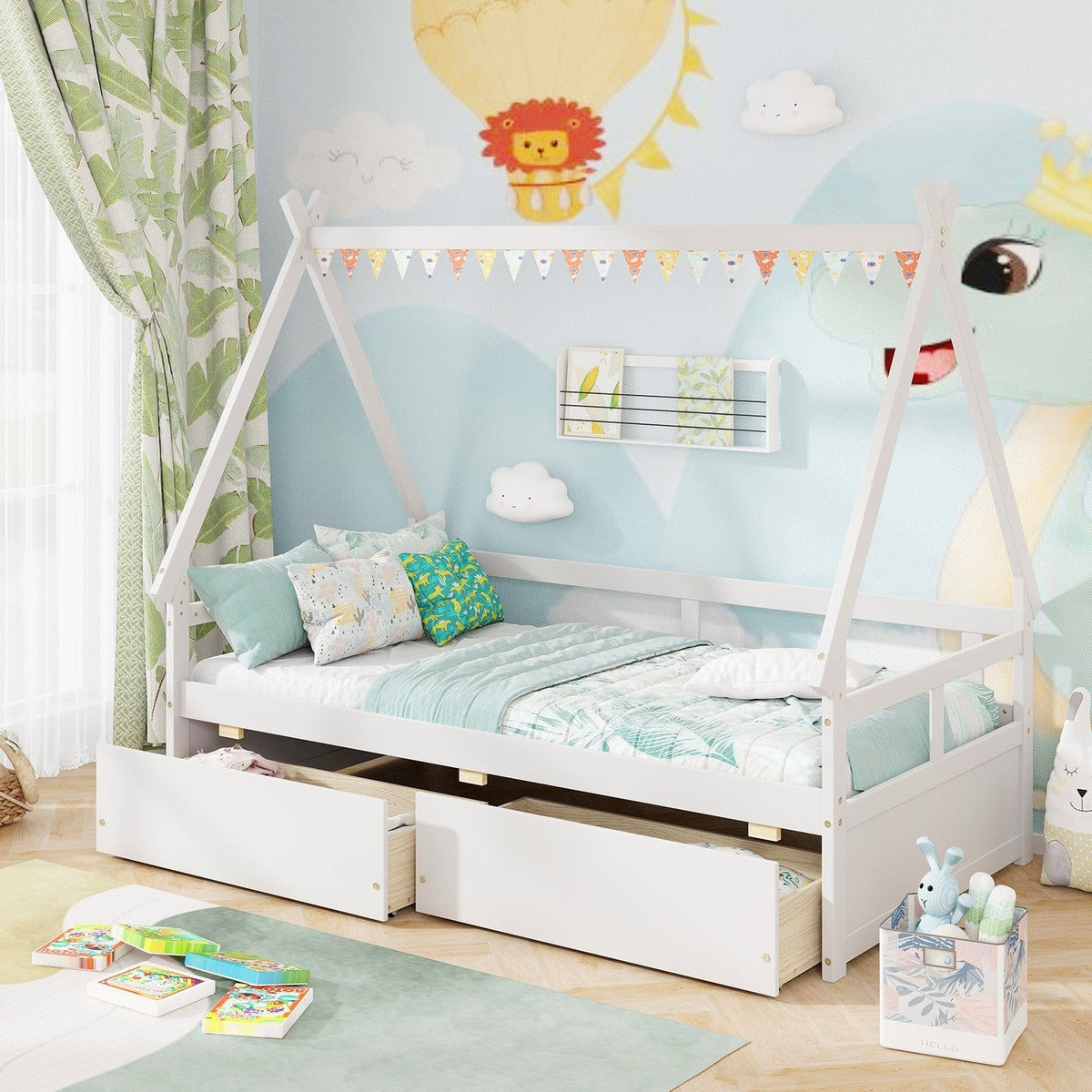 Twin Size House Bed with Roof and Safety Guardrail-White