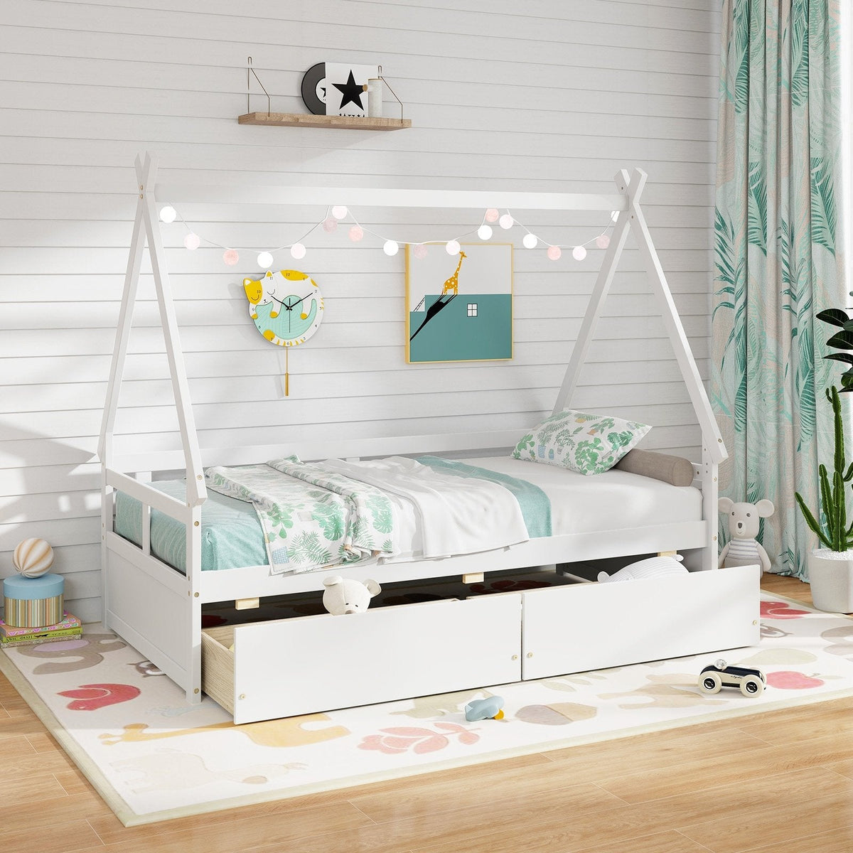 Twin Size House Bed with Roof and Safety Guardrail-White