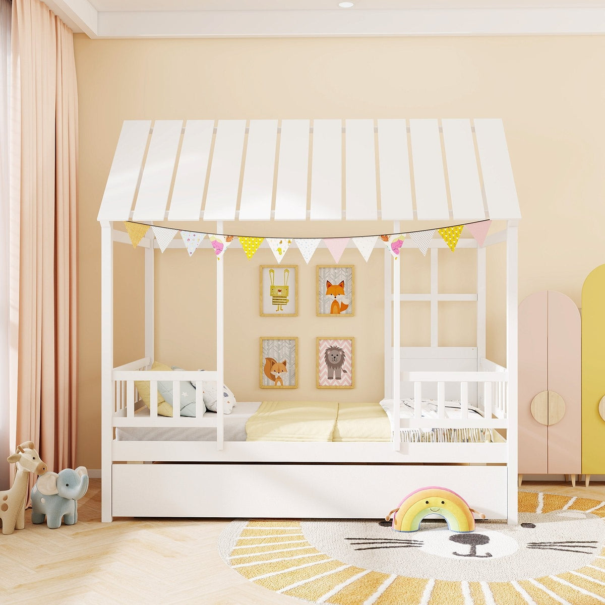 Twin Size House Bed with Trundle Kids Platform Bed with Roof Window-White