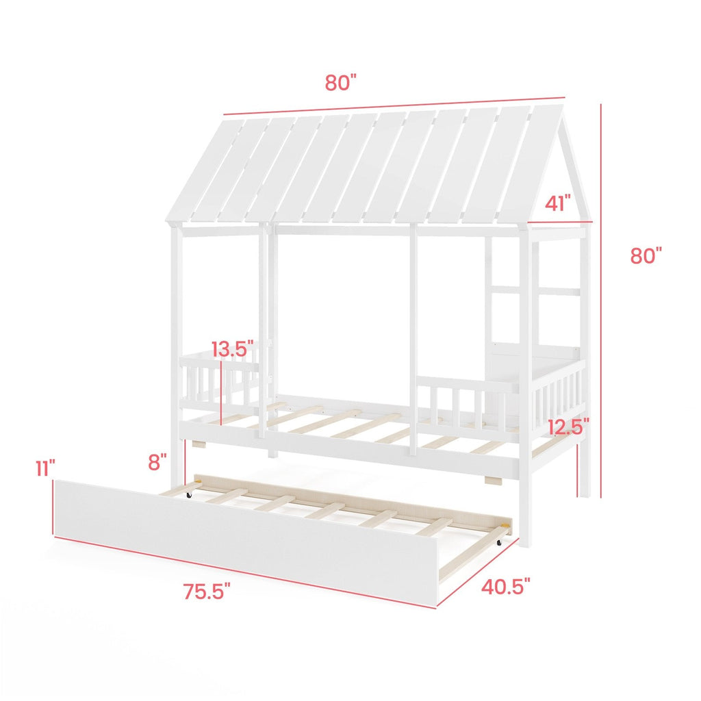 Twin Size House Bed with Trundle Kids Platform Bed with Roof Window-White