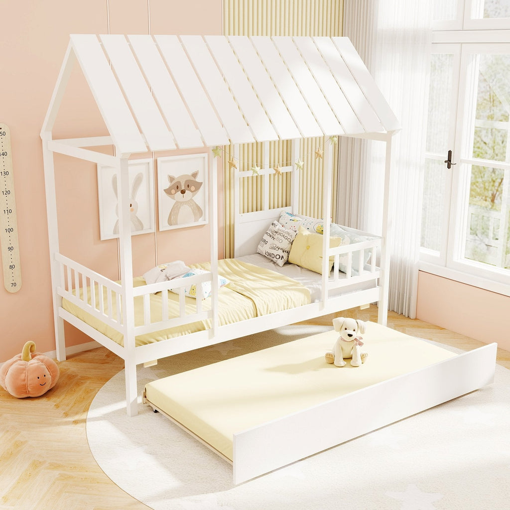 Twin Size House Bed with Trundle Kids Platform Bed with Roof Window-White
