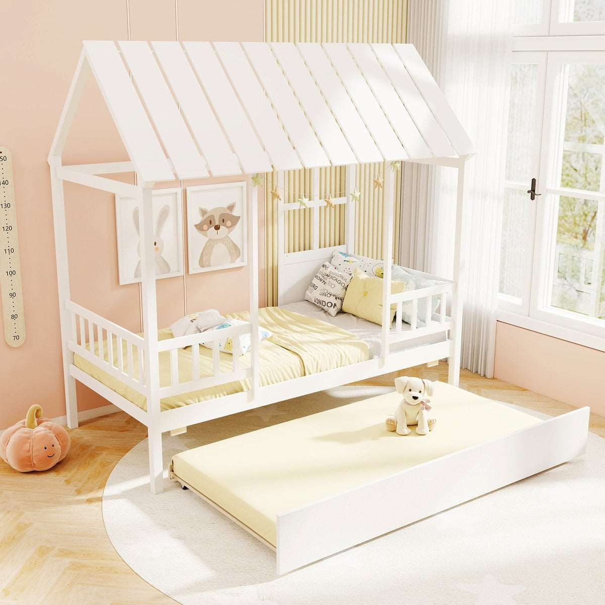 Twin Size House Bed with Trundle Kids Platform Bed with Roof Window-White