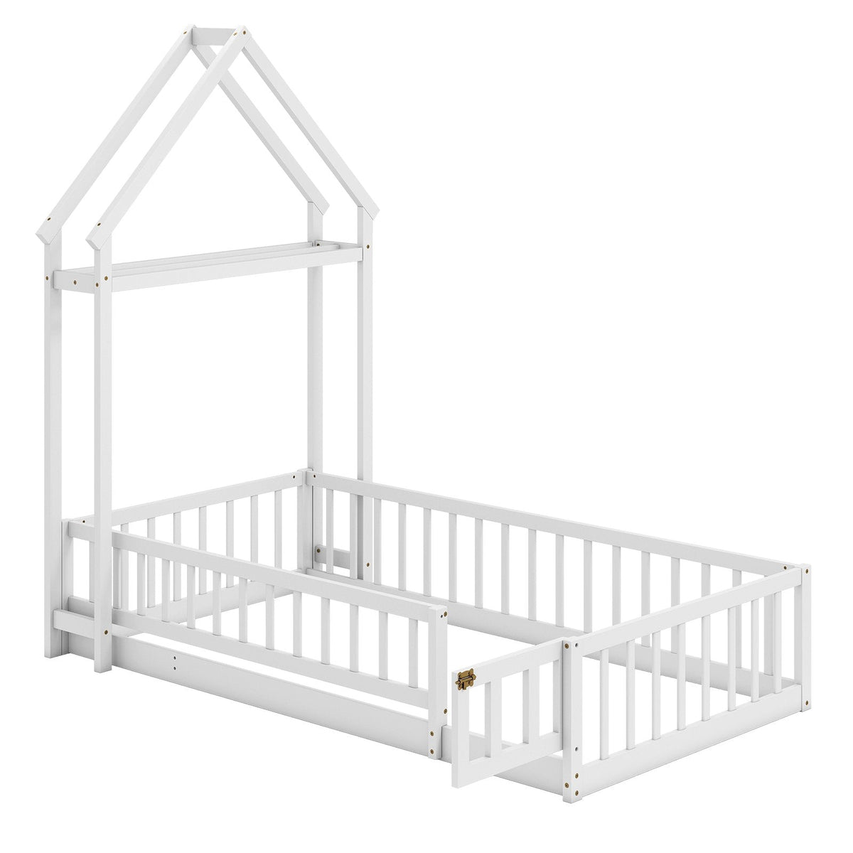 Twin House Floor Bed with Fence Guardrails and Lockable Gate, White