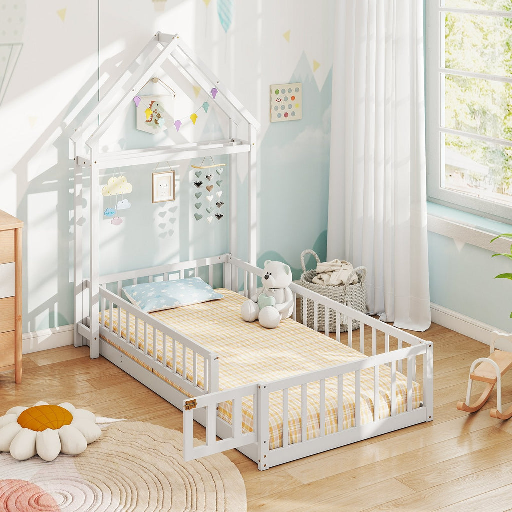 Twin House Floor Bed with Fence Guardrails and Lockable Gate, White