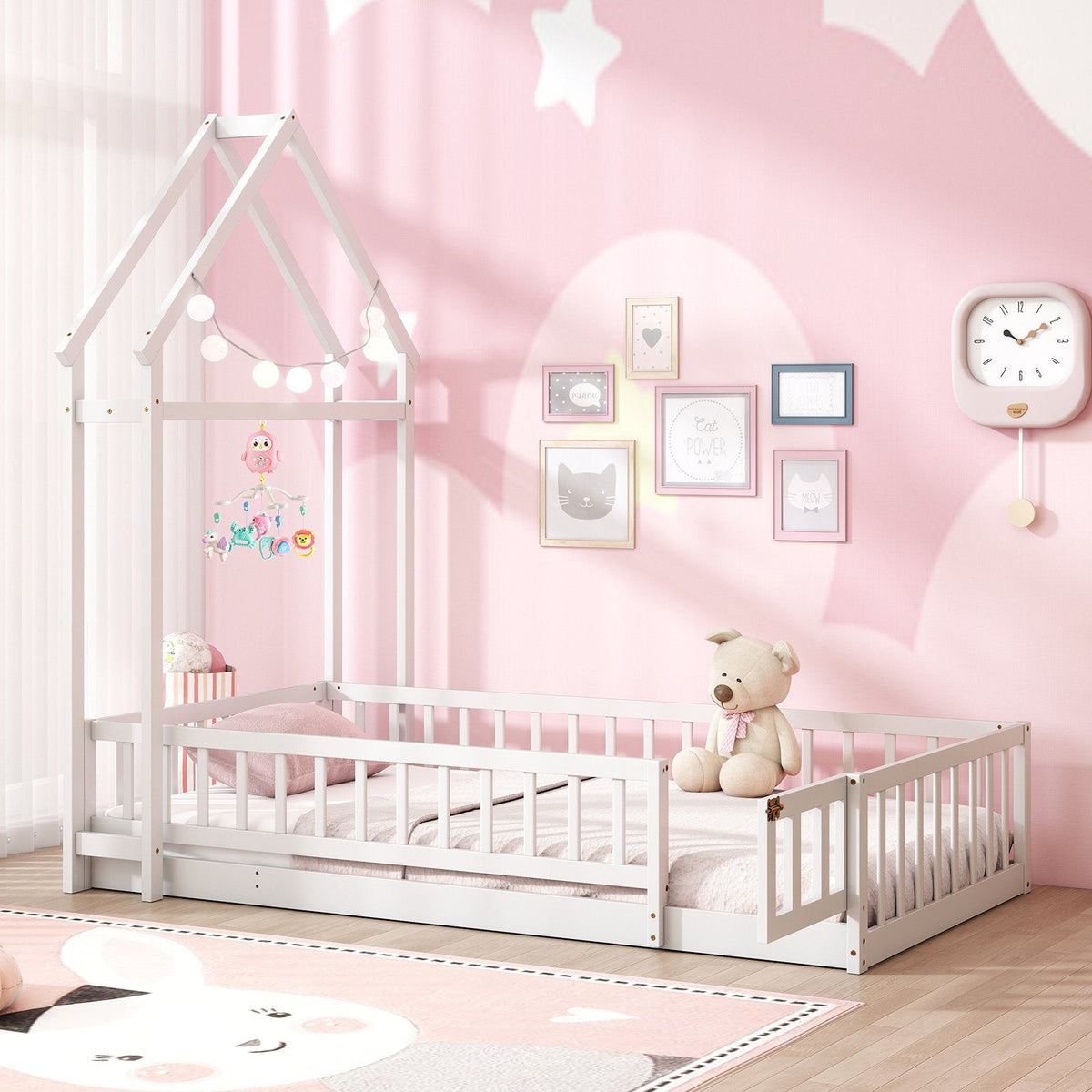 Twin House Floor Bed with Fence Guardrails and Lockable Gate, White