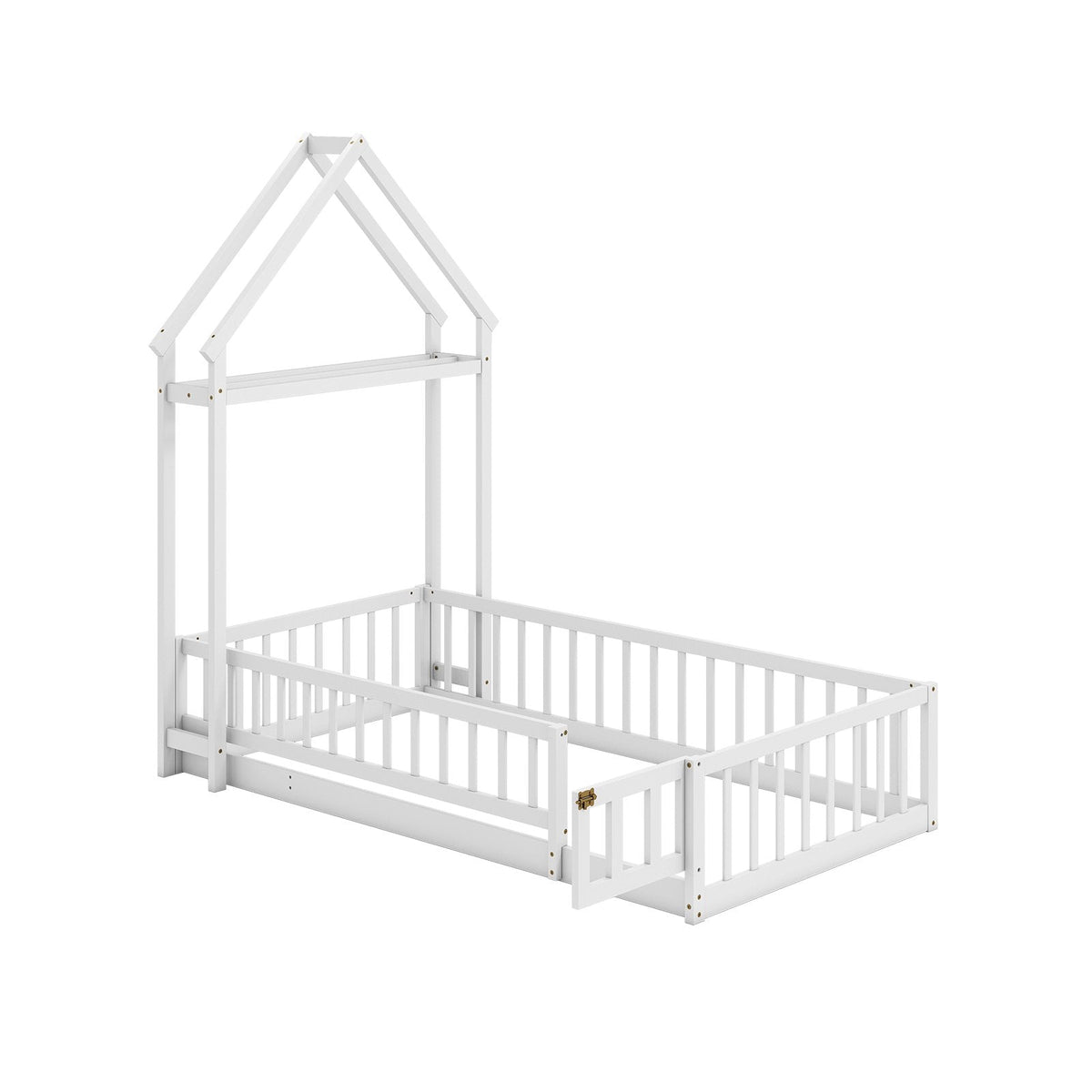 Twin House Floor Bed with Fence Guardrails and Lockable Gate, White