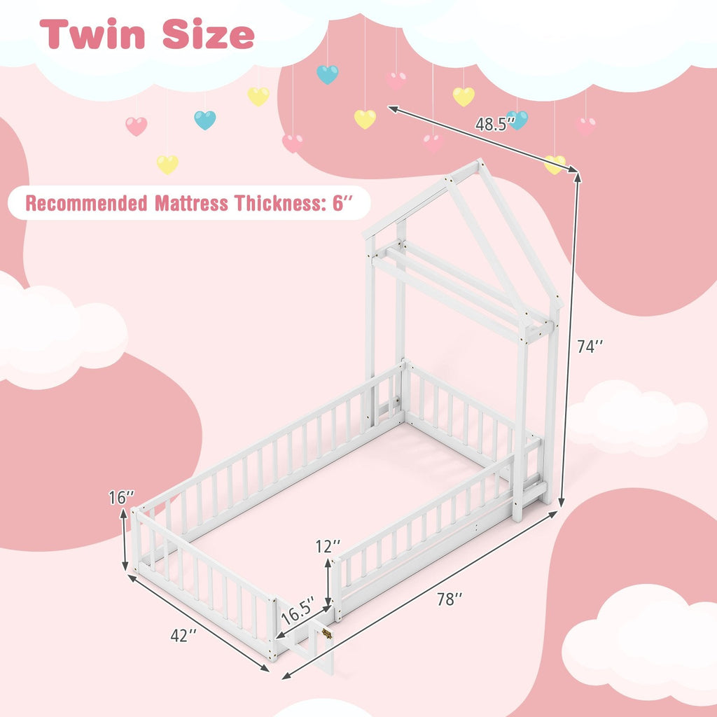 Twin House Floor Bed with Fence Guardrails and Lockable Gate, White