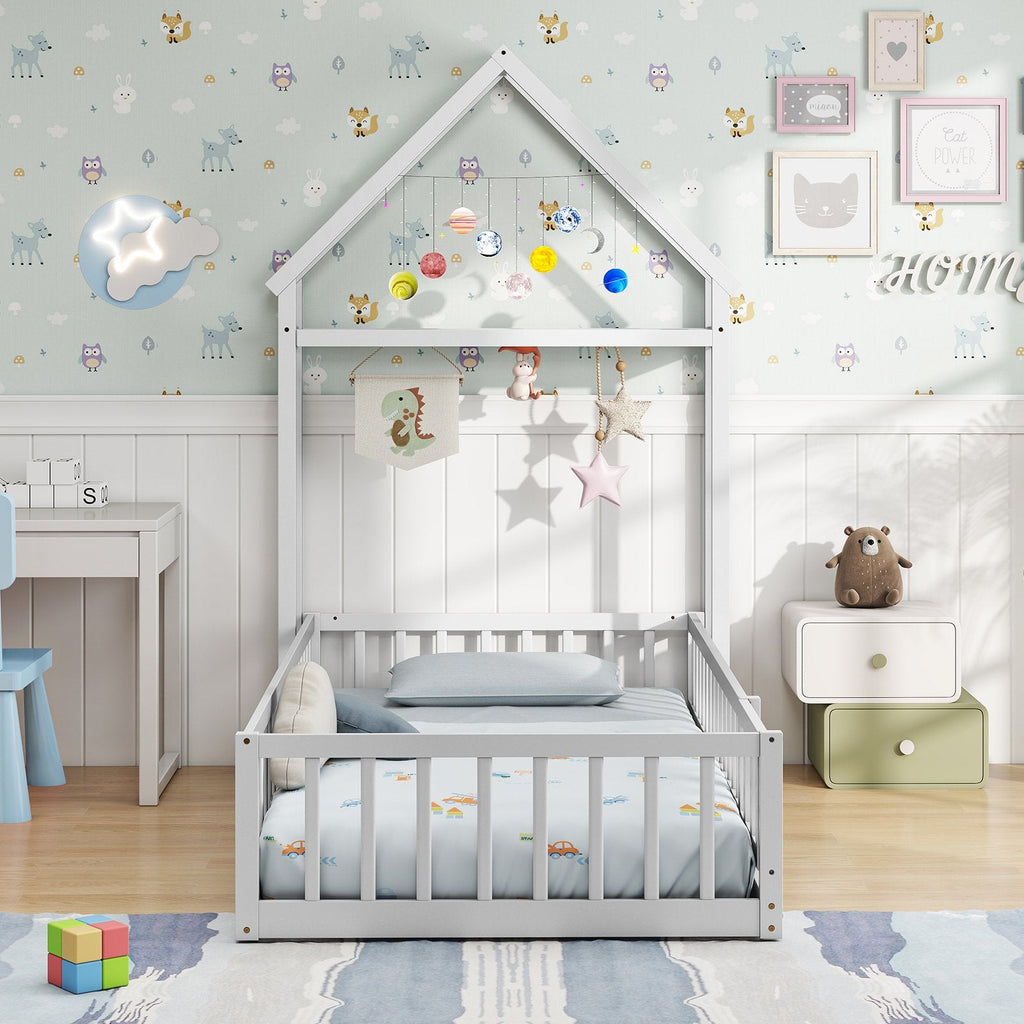 Twin House Floor Bed with Fence Guardrails and Lockable Gate, White