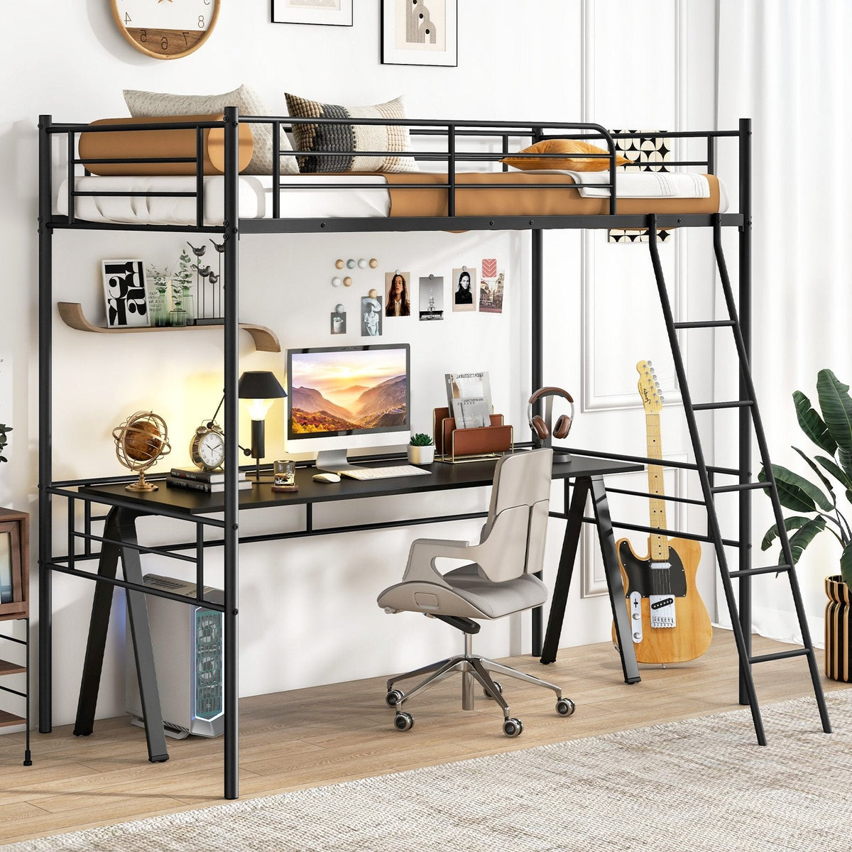 Twin Size Loft Bed Metal Bed Frame with Ladder and Guardrails-Black