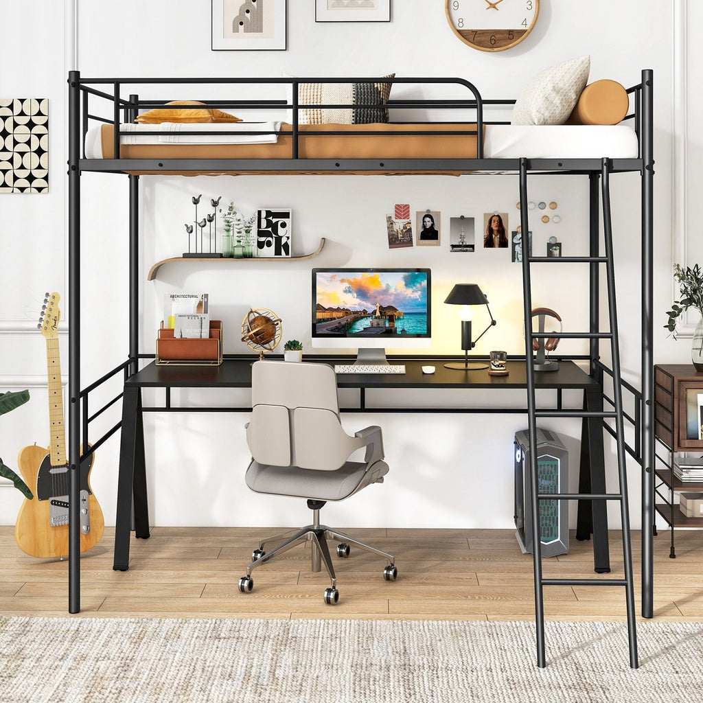 Twin Size Loft Bed Metal Bed Frame with Ladder and Guardrails-Black
