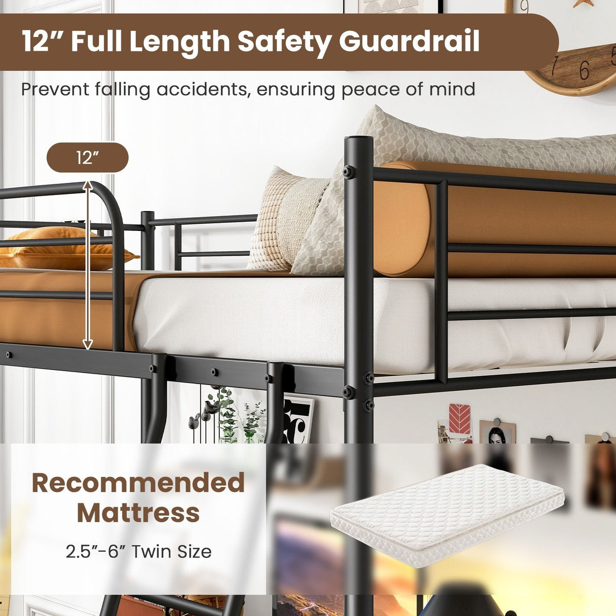 Twin Size Loft Bed Metal Bed Frame with Ladder and Guardrails-Black