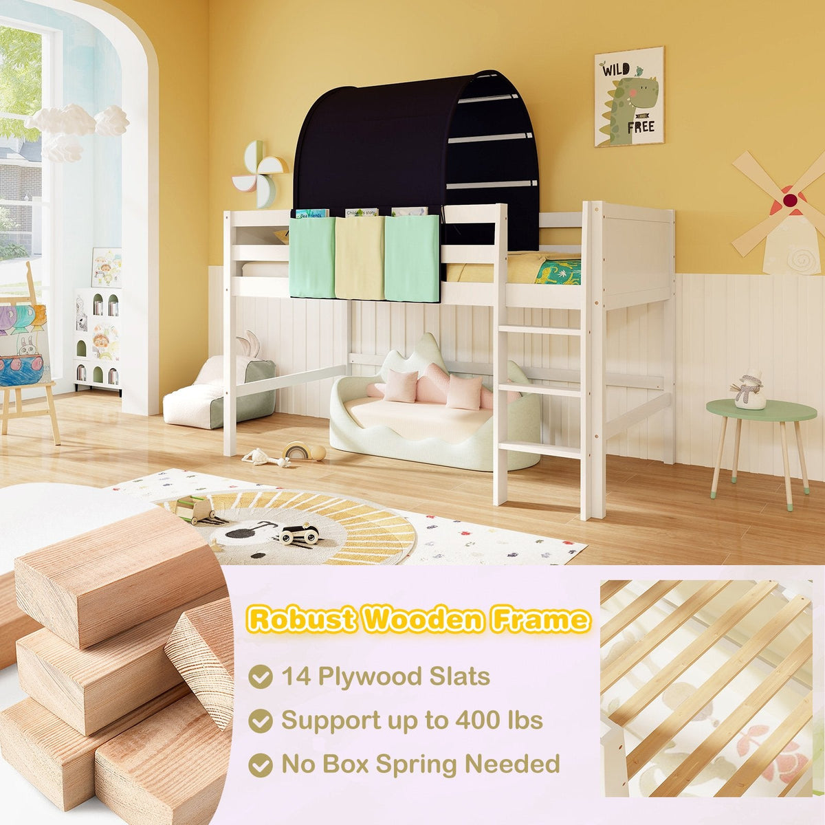Twin Size Loft Bed Playhouse Bed Frame with Tower Tent and 3 Storage Pockets-Navy