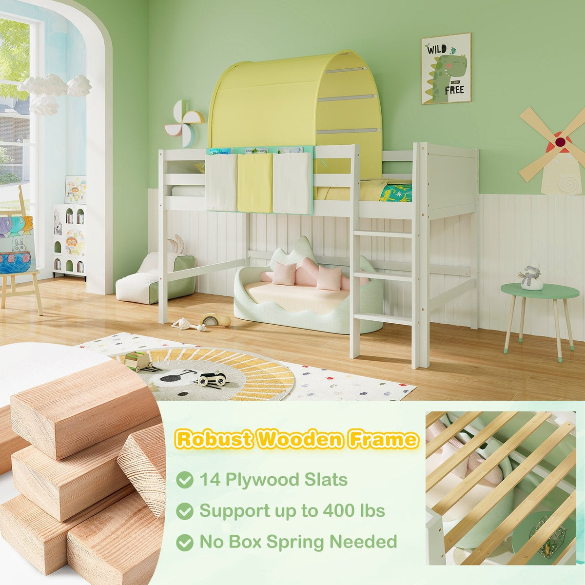 Twin Size Loft Bed Playhouse Bed Frame with Tower Tent and 3 Storage Pockets-Turquoise