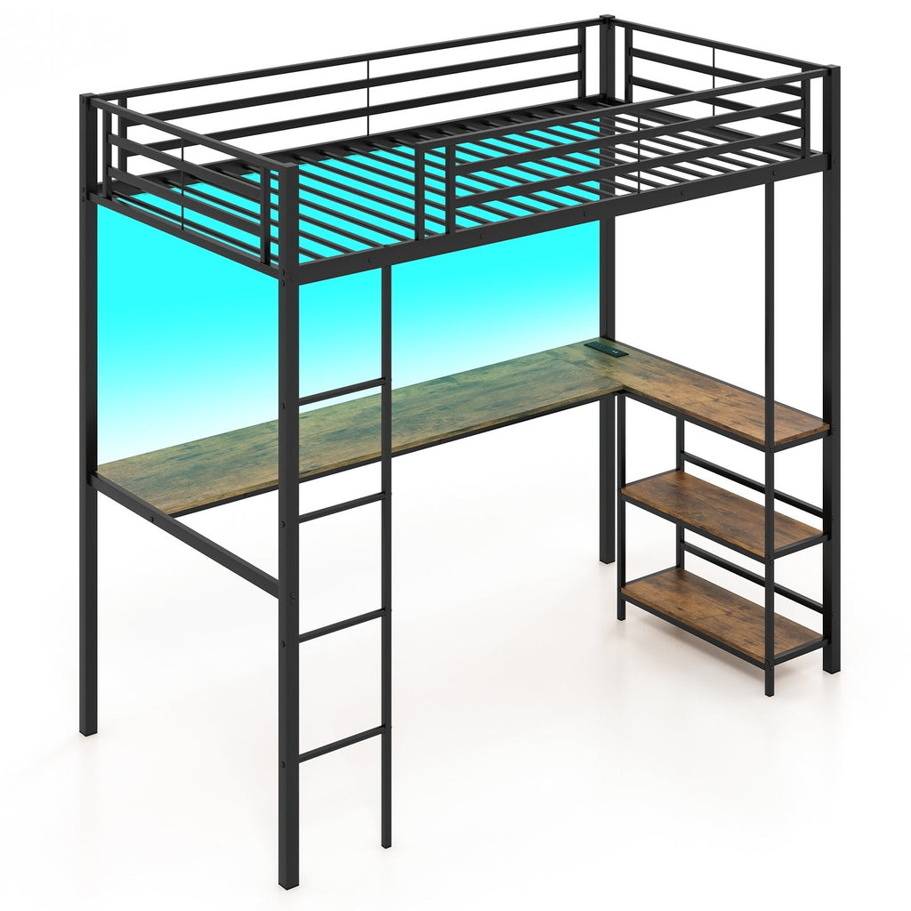 Twin Size Loft Bed Raised Platform Bed with Desk and 2 Storage Shelves-Black
