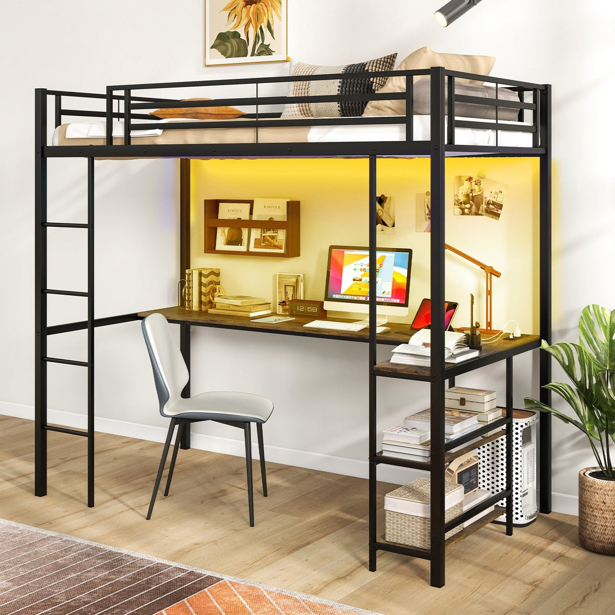 Twin Size Loft Bed Raised Platform Bed with Desk and 2 Storage Shelves-Black