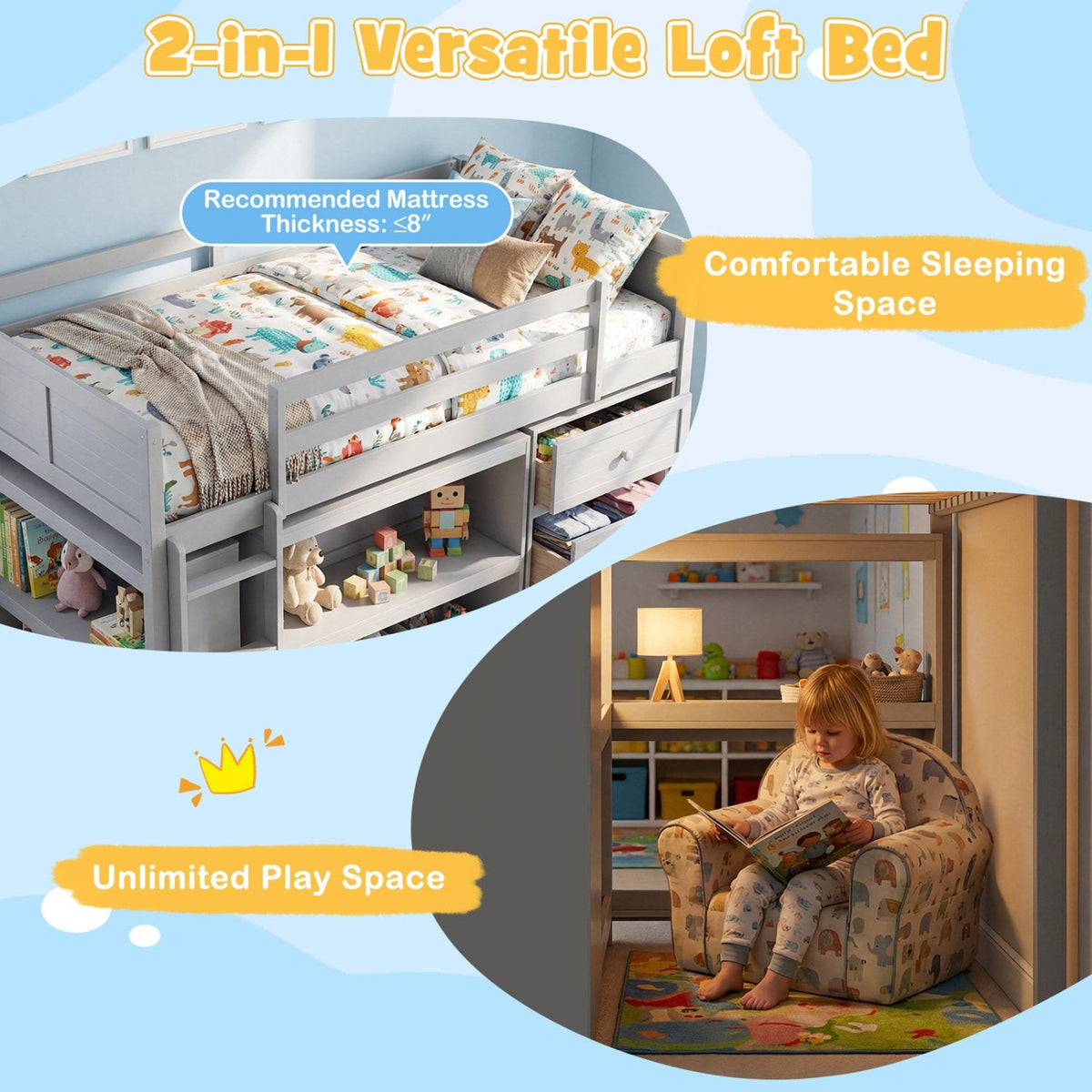 Twin Size Loft Bed with LED Lights and Underbed Space for Kids-Gray