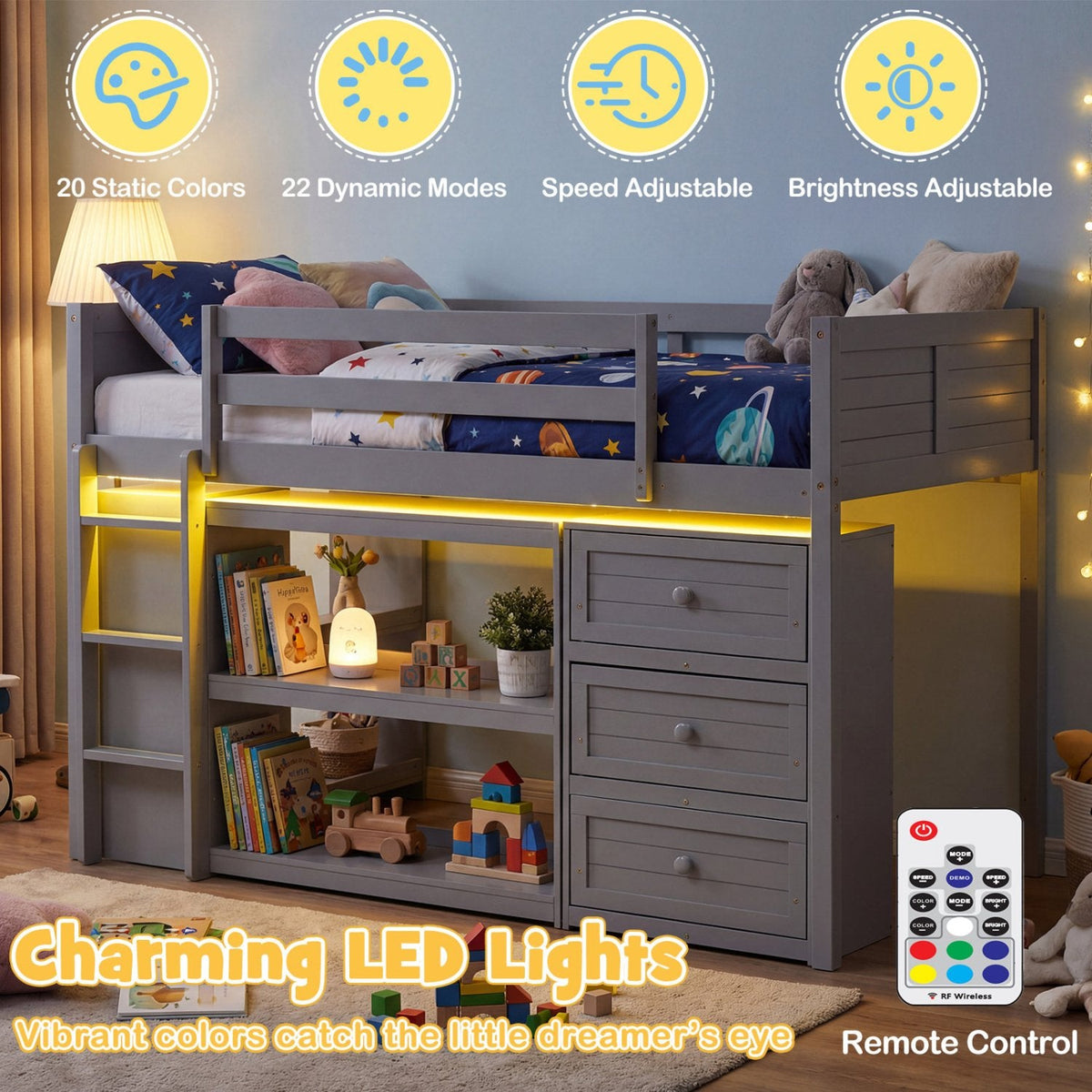 Twin Size Loft Bed with LED Lights and Underbed Space for Kids-Gray