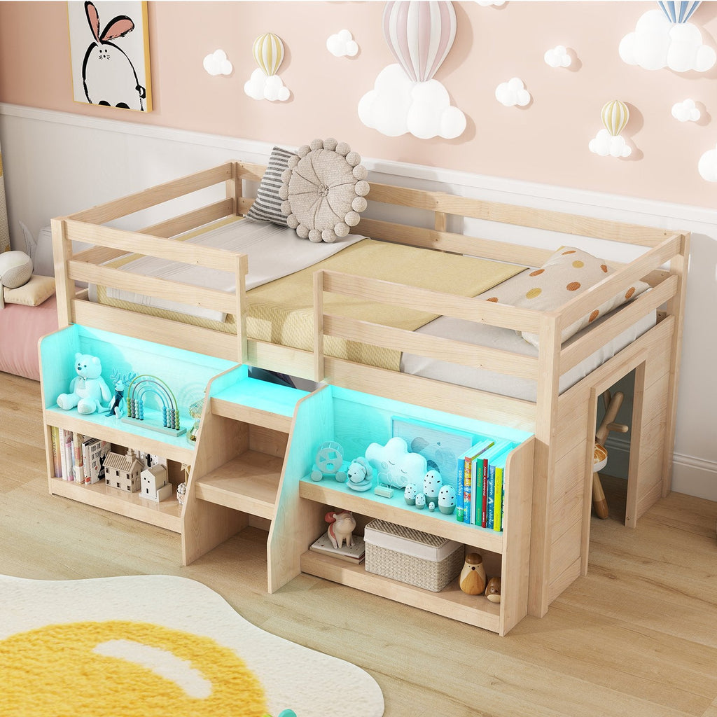 Twin Size Loft Bed with LED Lights with Staircase and Safety Guardrail-Natural