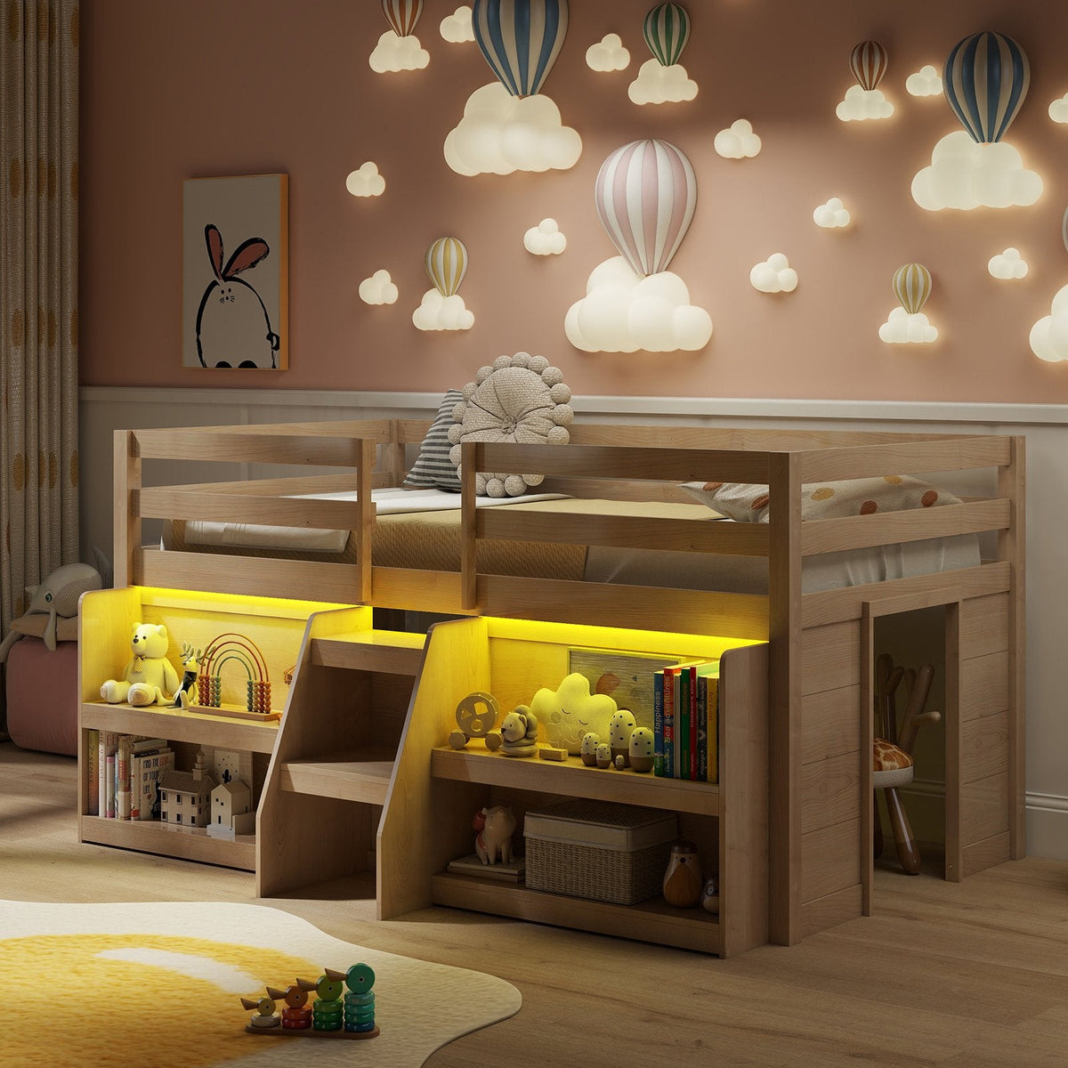 Twin Size Loft Bed with LED Lights with Staircase and Safety Guardrail-Natural