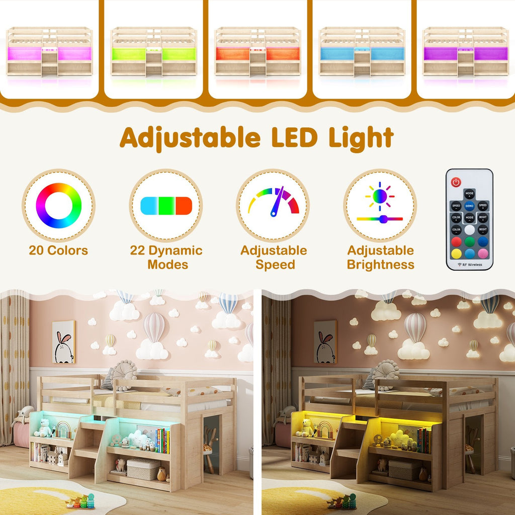 Twin Size Loft Bed with LED Lights with Staircase and Safety Guardrail-Natural