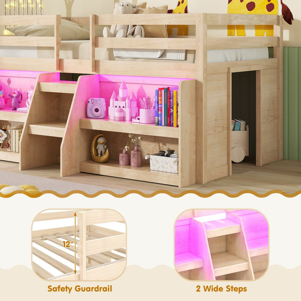 Twin Size Loft Bed with LED Lights with Staircase and Safety Guardrail-Natural