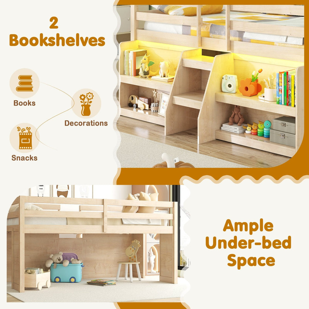 Twin Size Loft Bed with LED Lights with Staircase and Safety Guardrail-Natural