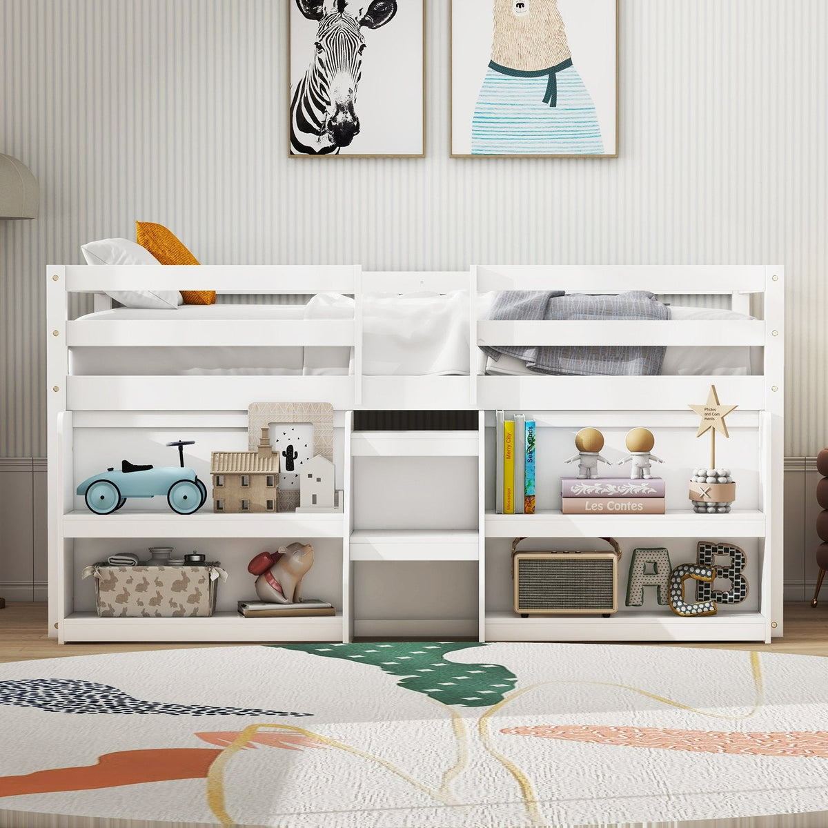 Twin Size Loft Bed with LED Lights with Staircase and Safety Guardrail-White
