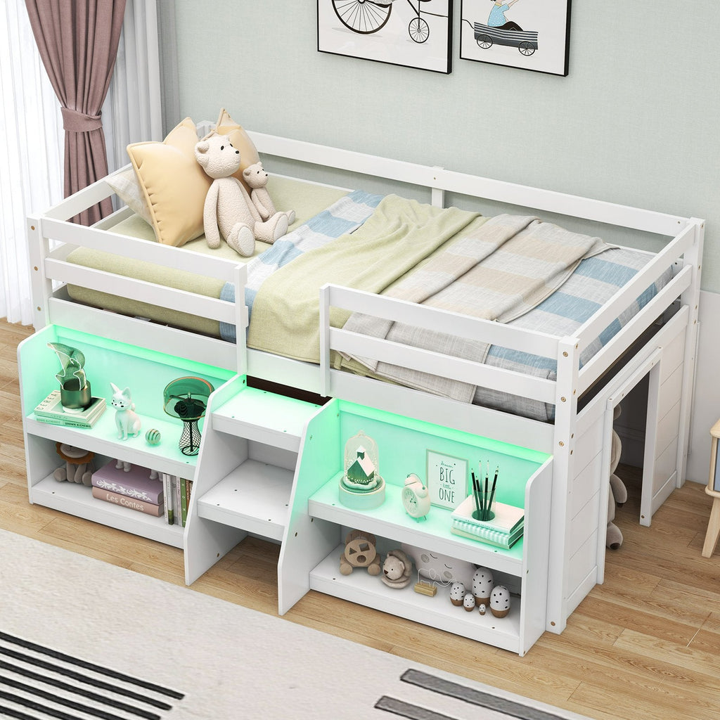 Twin Size Loft Bed with LED Lights with Staircase and Safety Guardrail-White