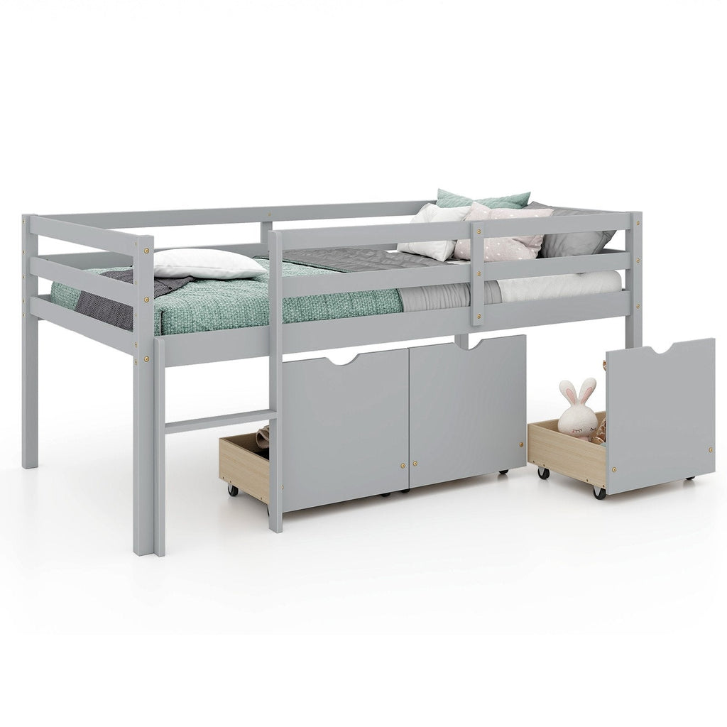 Twin Size Low Loft Bed with 3 Drawers with Ladder and Full-length Guardrails-Gray