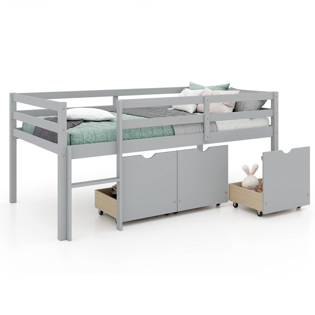 Twin Size Low Loft Bed with 3 Drawers with Ladder and Full-length Guardrails-Gray