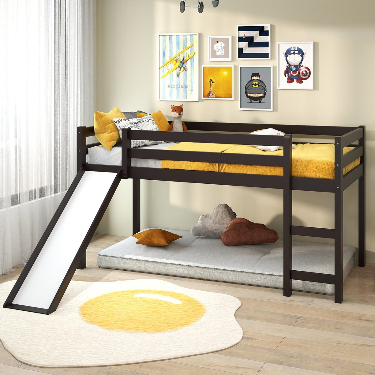 Twin Size Low Sturdy Loft Bed with Slide Wood -Dark Brown