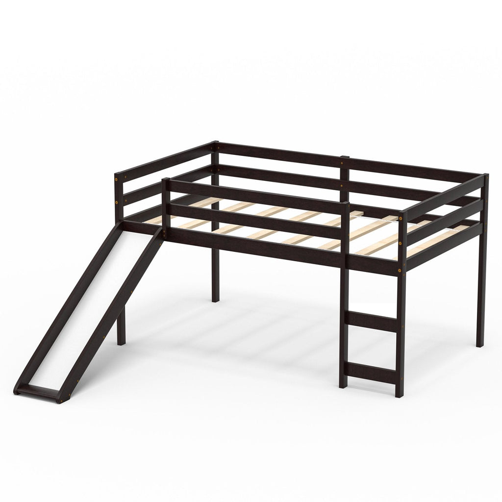 Twin Size Low Sturdy Loft Bed with Slide Wood -Dark Brown