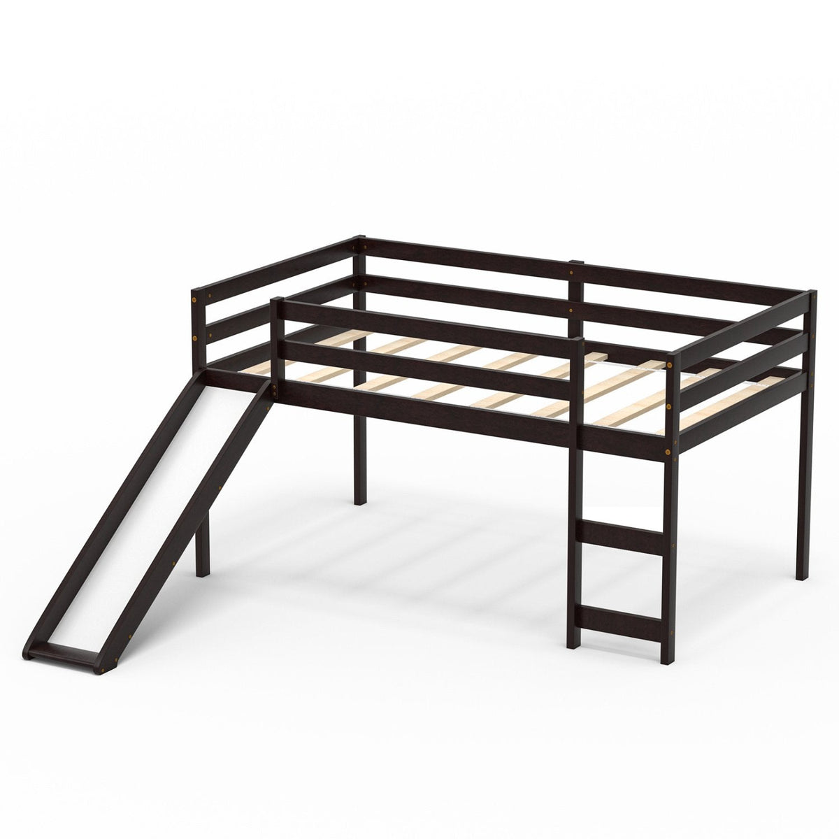 Twin Size Low Sturdy Loft Bed with Slide Wood -Dark Brown