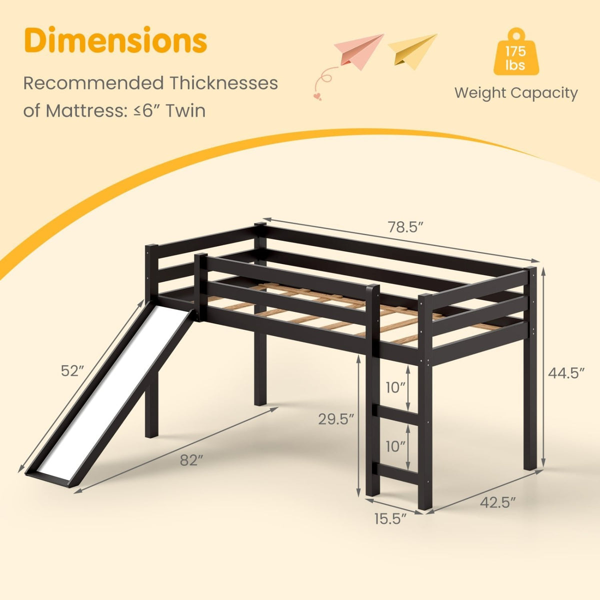 Twin Size Low Sturdy Loft Bed with Slide Wood -Dark Brown