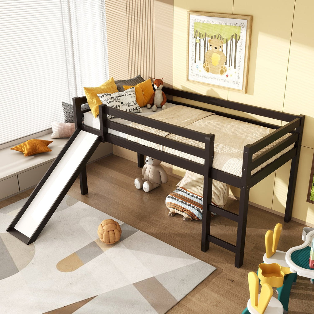 Twin Size Low Sturdy Loft Bed with Slide Wood -Dark Brown