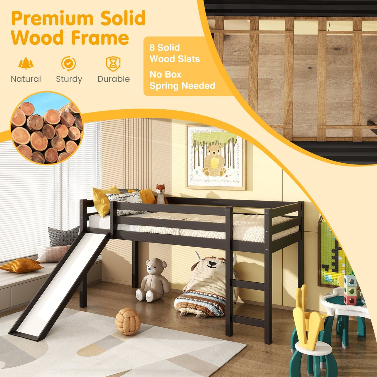 Twin Size Low Sturdy Loft Bed with Slide Wood -Dark Brown