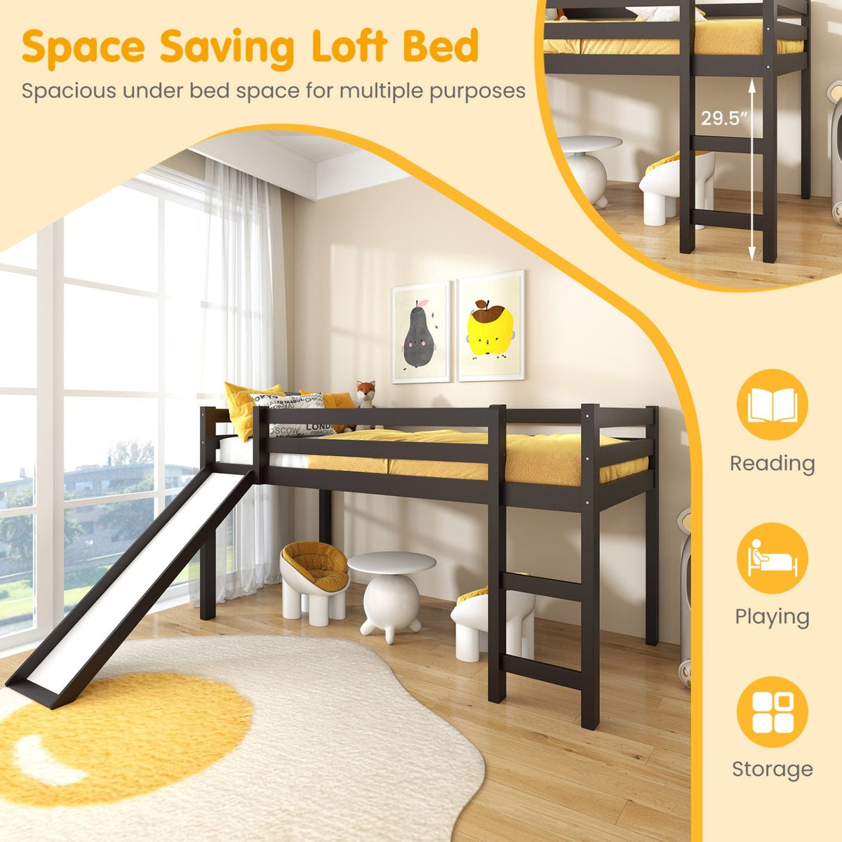 Twin Size Low Sturdy Loft Bed with Slide Wood -Dark Brown