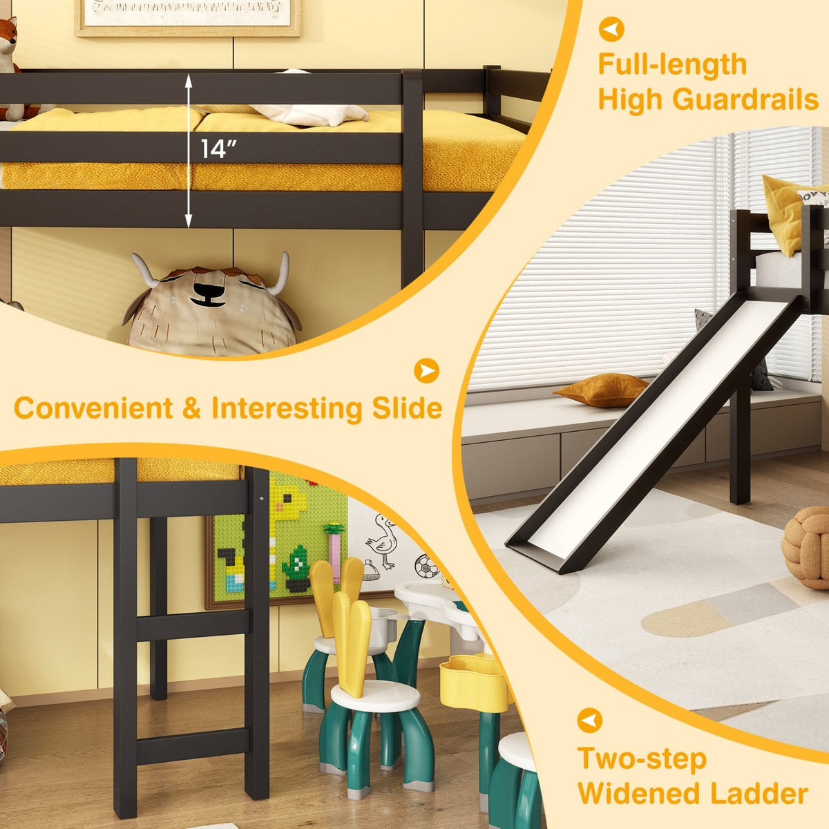 Twin Size Low Sturdy Loft Bed with Slide Wood -Dark Brown