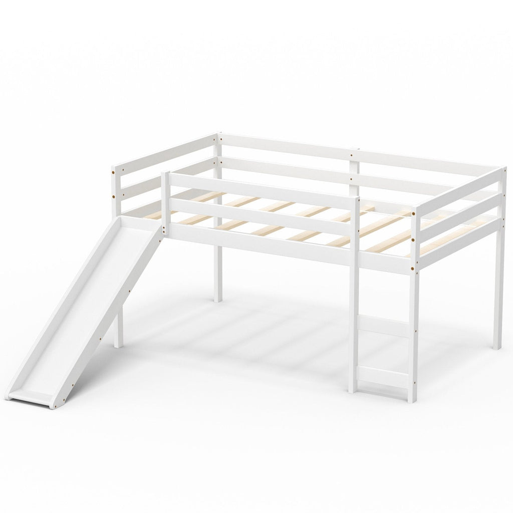Twin Size Low Sturdy Loft Bed with Slide Wood-White
