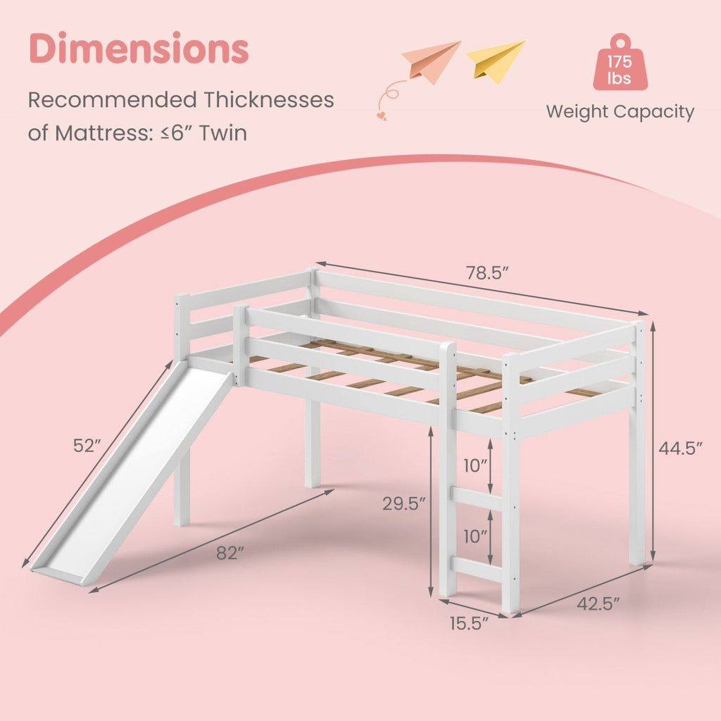 Twin Size Low Sturdy Loft Bed with Slide Wood-White