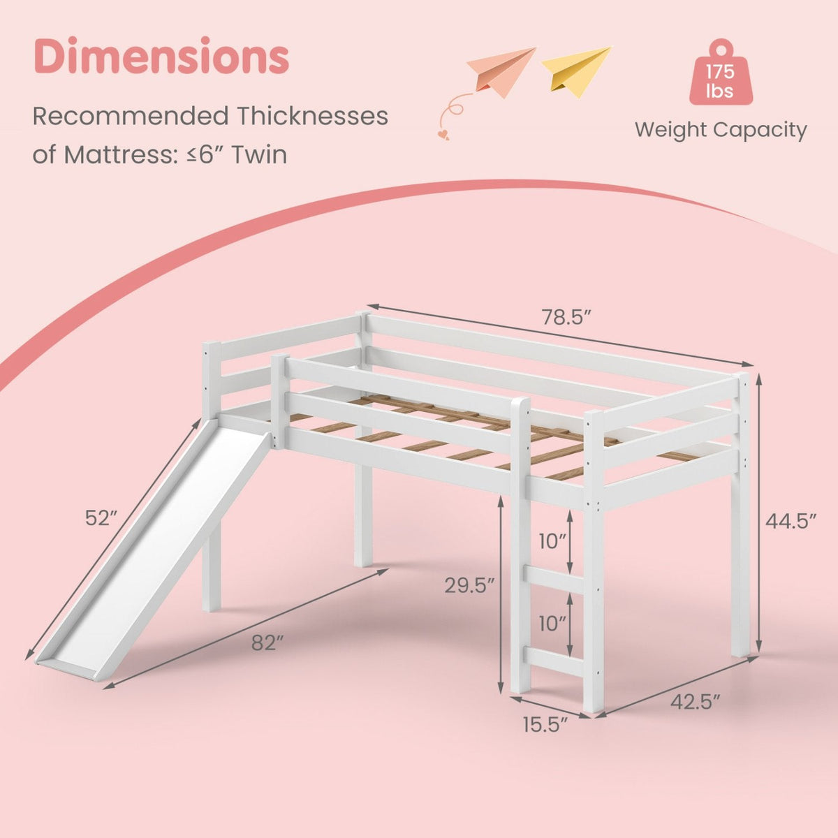 Twin Size Low Sturdy Loft Bed with Slide Wood-White
