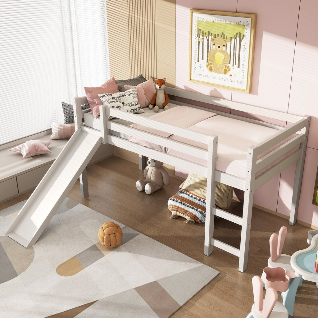 Twin Size Low Sturdy Loft Bed with Slide Wood-White