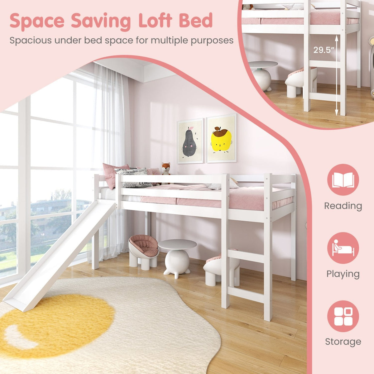 Twin Size Low Sturdy Loft Bed with Slide Wood-White