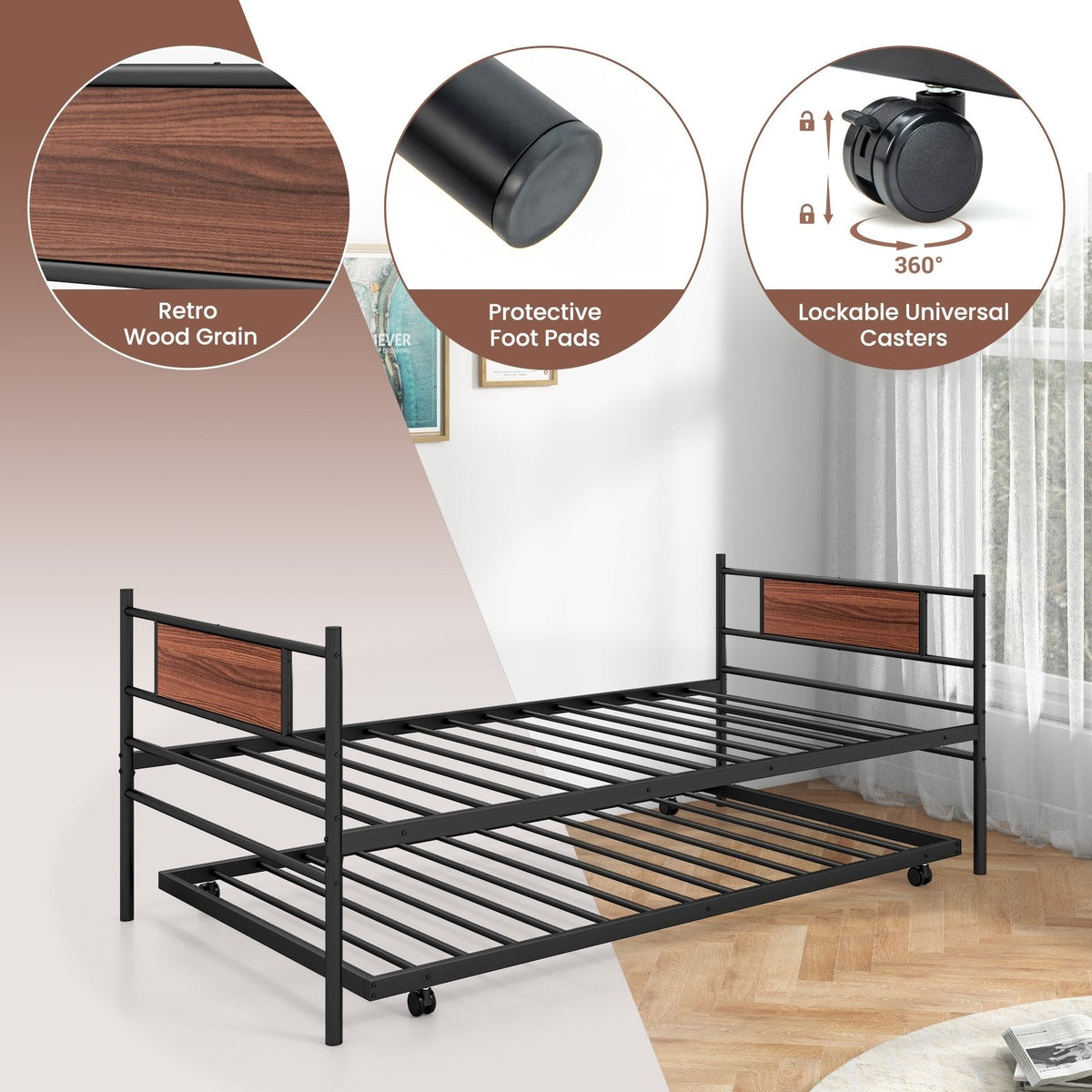 Twin Size Metal Daybed with Trundle and Wood Grain Headboard