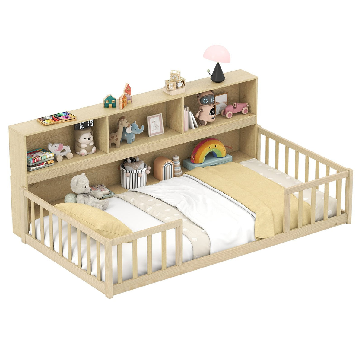 Twin Size Montessori Floor Bed with Bookcase-Natural
