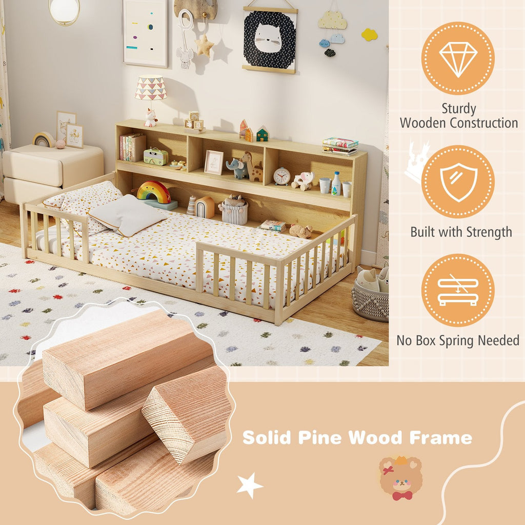 Twin Size Montessori Floor Bed with Bookcase-Natural